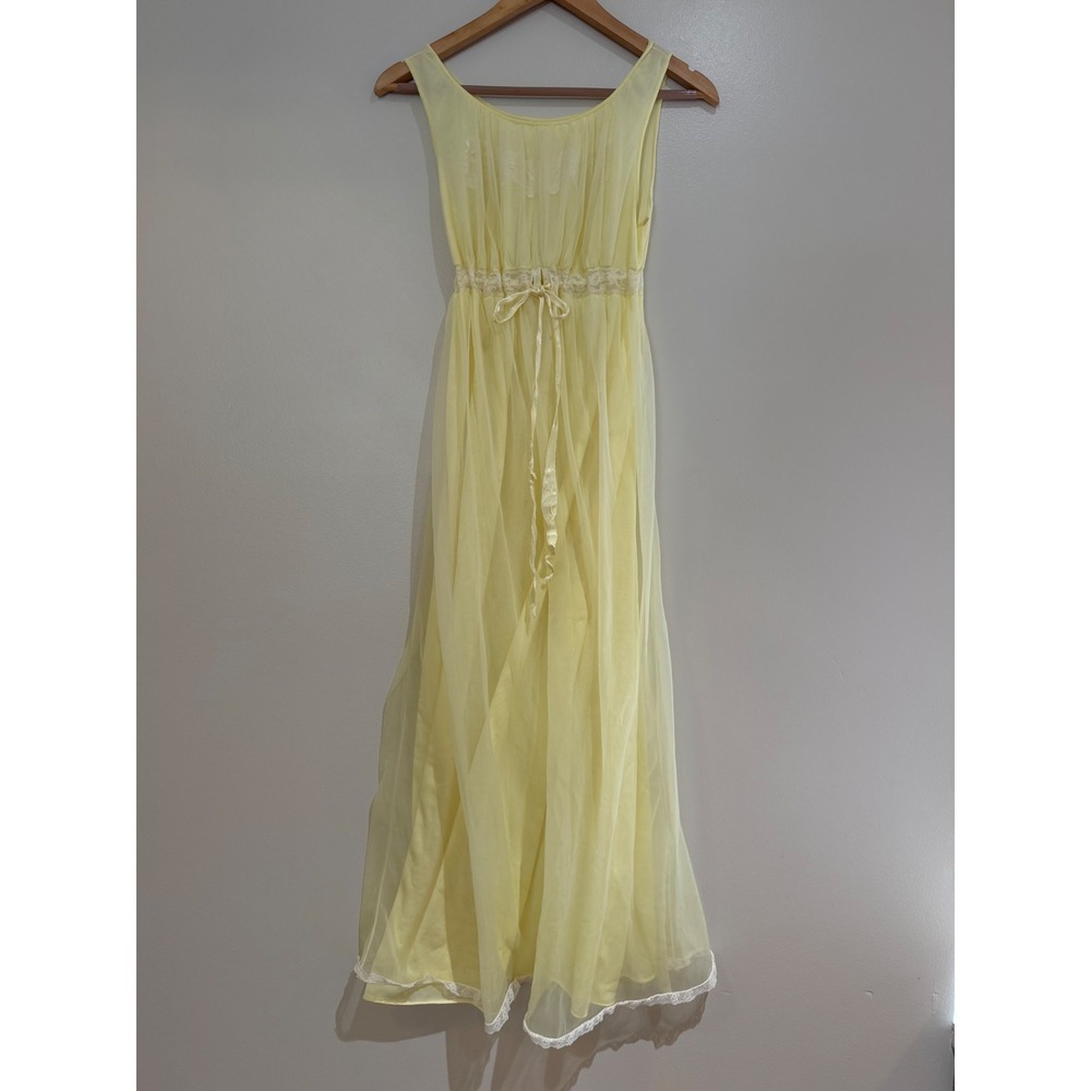 Vintage Yellow Chiffon Nightgown Lace Empire Waist Sleeveless Maxi Dress